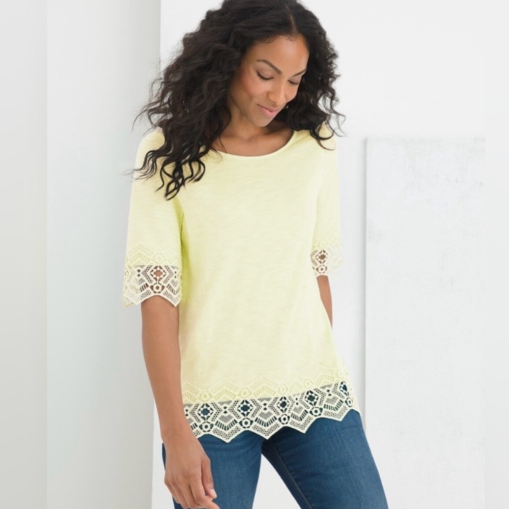 Chicos lace trim cotton slub tee soft lime size 0 nwt